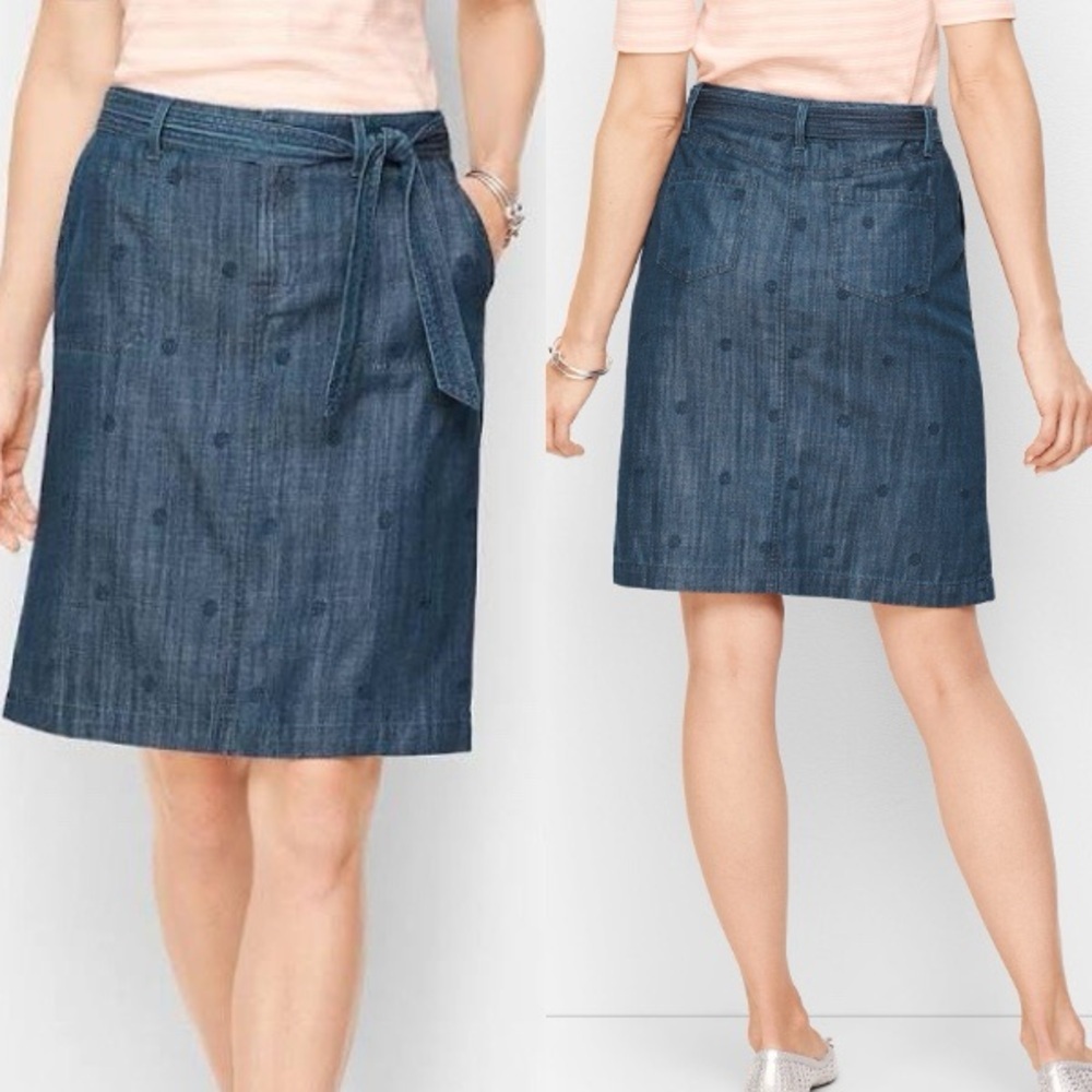 Talbots Embroidered Daisy Blue Wrap Knee-Length Chambray Skirt Size 14